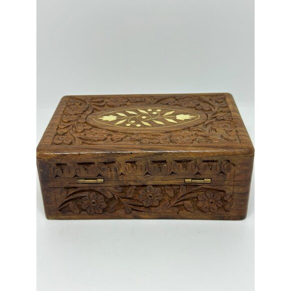 VTG Hand-Carved Wooden Jewelry Box | 2"x6" Trinket Keepsake Box - Picture 4 of 8
